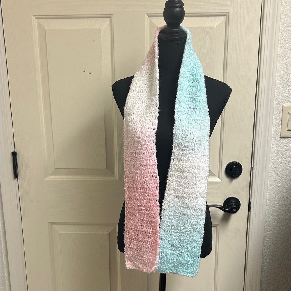 Scarf, Multi Colored handmade knit scarf, pink, blue, White, 60” x 5”, New